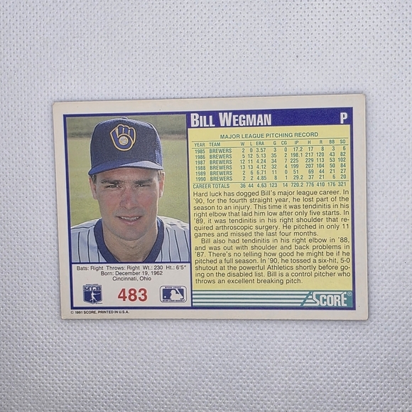 1991 Score Bill Wegman Milwaukee Brewers #483 Baseball Card - Picture 3 of 4